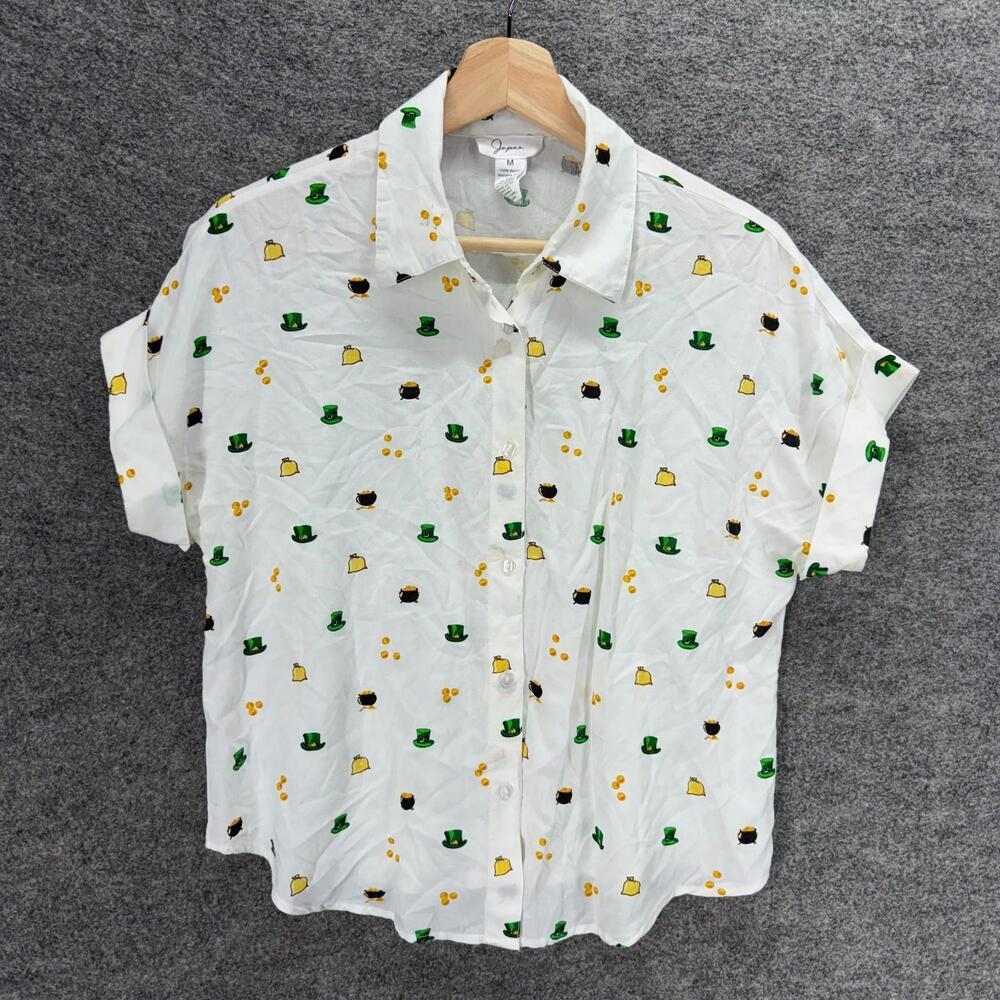 Japna Shirt Girls M Medium White Graphic Print Button Up Collared Short Sleeve